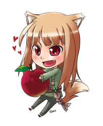 Rule 34 | 00s, anco (platanity), animal ears, apple, brown hair, chibi, fang, food, fruit, heart, holo, long hair, red eyes, solo, spice and wolf, tail, wolf ears, wolf tail