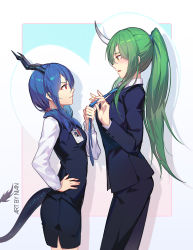 Rule 34 | 2girls, alternate costume, alternate hairstyle, arknights, artist name, black jacket, black pants, black skirt, black vest, blazer, blue hair, blue neckwear, ch&#039;en (arknights), chinese commentary, commentary request, cowboy shot, dragon horns, dragon tail, drop shadow, formal, green hair, hand on own hip, hand up, hands up, highres, horns, hoshiguma (arknights), id card, jacket, long hair, long sleeves, looking at another, miniskirt, multiple girls, necktie, necktie grab, neckwear grab, nian (zhanian), pant suit, pants, pencil skirt, ponytail, red eyes, shirt, sidelocks, skirt, standing, suit, tail, vest, white shirt, yellow eyes