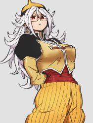 Rule 34 | 1girl, android 19, android 19 (cosplay), android 21, arms behind back, cosplay, dragon ball, dragon ball fighterz, dragonball z, earrings, glasses, grey background, hair between eyes, hoop earrings, jewelry, kemachiku, long hair, long sleeves, looking at viewer, majin android 21, pants, pinstripe pants, pinstripe pattern, puffy long sleeves, puffy sleeves, red eyes, simple background, solo, striped clothes, striped pants, vertical-striped clothes, vertical-striped pants, white hair, yellow headwear, yellow pants