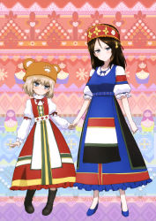 Rule 34 | 10s, 2girls, absurdres, angry, bear hat, black footwear, black hair, blonde hair, blue dress, blue eyes, blue footwear, blush, boots, brown hair, brown hat, closed mouth, dress, flats, frilled dress, frilled sleeves, frills, frown, girls und panzer, hat, headband, highres, holding hands, katyusha (girls und panzer), long dress, long hair, long sleeves, looking at viewer, matryoshka doll, multicolored background, multicolored clothes, multicolored dress, multiple girls, nonna (girls und panzer), official art, paw print, red dress, red hat, russian clothes, shoes, short hair, short sleeves, slavic clothes, smile, standing, sweatdrop, swept bangs, v-shaped eyebrows