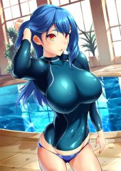 Rule 34 | 1girl, bad anatomy, bikini, bikini bottom only, blue bikini, blue hair, blush, bodysuit, breasts, character request, covered erect nipples, covered navel, diving suit, flipped hair, impossible clothes, indoors, large breasts, long hair, looking at viewer, minori (sugarbeat), original, plant, pool, potted plant, red eyes, smile, solo, source request, sugarbeat, swimsuit, thick eyebrows, wet, wet clothes, wetsuit