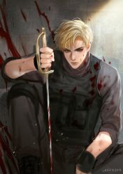 Rule 34 | 1boy, 2019, artist name, blonde hair, blood, blood on clothes, blood on face, blood on wall, blue eyes, bulletproof vest, fingerless gloves, gloves, heine burton, holding, holding sword, holding weapon, male focus, rapier, signature, sitting, sleeves rolled up, solo, sword, thrive in catastrophe, vrekx x, weapon
