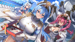Rule 34 | + +, 3girls, aegis (nikke), anchor (nikke), belt, bikini, bird, black bikini, black gloves, blue hair, blush, bow, box, breasts, cannon, cape, cleavage, clenched teeth, cloud, dutch angle, epaulettes, gloves, goddess of victory: nikke, grey hair, hair bow, hair intakes, hand on own chin, hand on own hip, hat, headband, helm (nikke), highres, holding, holding box, jacket, jacket on shoulders, large breasts, long hair, mast (nikke), mendou kusai, military hat, military rank insignia, military uniform, morgan (nikke), multiple girls, outdoors, parrot, peaked cap, pink hair, red bikini, school uniform, see-through, see-through shirt, serafuku, ship, short shorts, shorts, sky, starfish, swimsuit, symbol-shaped pupils, teeth, twintails, uniform, water, watercraft, white gloves