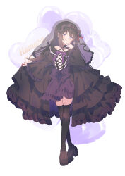 Rule 34 | 1girl, akemi homura, alternate costume, black dress, black hair, black thighhighs, blush, bow, brown footwear, closed mouth, collarbone, cross-laced clothes, dress, frilled dress, frilled sleeves, frills, full body, gothic lolita, hair ribbon, hairband, highres, juliet sleeves, loafers, lolita fashion, long hair, long sleeves, looking at viewer, mahou shoujo madoka magica, mahou shoujo madoka magica (anime), paru rari, puffy sleeves, purple eyes, purple ribbon, red ribbon, ribbon, shoes, simple background, skirt hold, smile, solo, standing, thighhighs, veil, white background, wide sleeves, zettai ryouiki