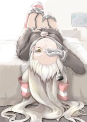 Rule 34 | 10s, 1girl, amatsukaze (kancolle), backlighting, bed, commentary request, dress, garter straps, gloves, hair tubes, highres, kantai collection, long hair, long sleeves, looking at viewer, lying, on bed, r0g0b0, sailor dress, school uniform, serafuku, short dress, silver hair, single glove, solo, striped clothes, striped thighhighs, thighhighs, very long hair, white gloves, yellow eyes, zettai ryouiki