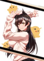Rule 34 | 1girl, animal ears, arms up, atago (azur lane), atago (school traumerei) (azur lane), azur lane, bird, black hair, blurry, chick, commentary request, depth of field, dog ears, from side, goodbye sengen (vocaloid), hair between eyes, highres, kagiyama (clave), long hair, long sleeves, looking at viewer, looking to the side, mole, mole under eye, pleated skirt, resolution mismatch, school uniform, serafuku, sidelocks, simple background, skirt, smile, source smaller, v, viewfinder, vocaloid, white background, yellow eyes
