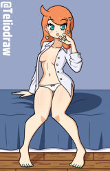 Rule 34 | 1girl, arm support, barefoot, bed, bedroom, blue eyes, blue shirt, blush, bow, bow panties, breasts, brown hair, collarbone, creatures (company), game freak, hair ornament, hand to face, heart, heart hair ornament, long hair, long sleeves, looking at viewer, medium breasts, nail polish, navel, nintendo, open clothes, open mouth, open shirt, panties, pokemon, pokemon swsh, shirt, sitting, sonia (pokemon), teliosadmell, underwear, wall, white panties