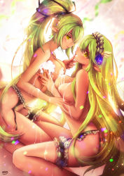 Rule 34 | 2girls, absurdres, between legs, blonde hair, blurry, breast press, breasts, closed mouth, confetti, dark-skinned female, dark skin, depth of field, dripping, dual persona, elf, elsword, eye contact, food, food on body, food on face, frills, from side, garter belt, grabbing another&#039;s chin, grand archer (elsword), green eyes, green hair, hair ornament, hair ribbon, hand on another&#039;s chin, head wings, highres, holding, holding food, ice cream, ice cream cone, jewelry, large breasts, bridal garter, light particles, long hair, looking at another, maid headdress, melting, ming (wldi0132), mini wings, multiple girls, nude, pointy ears, profile, rena erindel, ribbon, selfcest, signature, sitting, smile, soft serve, suggestive fluid, symmetrical docking, very long hair, waffle cone, white background, wind sneaker (elsword), wings, yuri