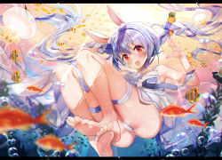 Rule 34 | 1girl, :o, adapted costume, animal ear fluff, animal ears, ass, bare arms, bare shoulders, barefoot, blue hair, blush, braid, breasts, cameltoe, carrot hair ornament, dress, feet, fish, food-themed hair ornament, full body, hair between eyes, hair ornament, haruhina purple, highres, hikimayu, hololive, long hair, looking at viewer, multicolored hair, open mouth, orange eyes, rabbit ears, rabbit girl, short eyebrows, small breasts, soles, solo, sundress, teeth, thick eyebrows, thigh strap, toes, twin braids, twintails, two-tone hair, underwater, upper teeth only, usada pekora, virtual youtuber, white dress, white hair