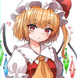 Rule 34 | 1girl, ascot, blonde hair, blush, bow, breasts, collared shirt, commentary, crystal, flandre scarlet, frilled shirt collar, frills, gem, hat, hat ribbon, heart, highres, kiui (dagk8254), looking at viewer, medium hair, mob cap, multicolored wings, one side up, puffy short sleeves, puffy sleeves, red bow, red eyes, red ribbon, red vest, ribbon, shirt, short sleeves, simple background, small breasts, smile, solo, touhou, upper body, vest, white background, white hat, white shirt, wings, yellow ascot