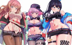 Rule 34 | 3girls, bare shoulders, belly, belt, black gloves, black hair, black skirt, blue eyes, blue jacket, blush, breasts, brown hair, chain, cleavage, cleavage cutout, closed mouth, clothing cutout, cowboy shot, crop top, cropped jacket, gloves, green eyes, gridman universe, gridman universe (film), groin, hair between eyes, hair ribbon, half gloves, halterneck, hands in pockets, hat, headphones, headphones around neck, jacket, large breasts, leg tattoo, long hair, long sleeves, looking at viewer, lowleg, lowleg shorts, medium breasts, microskirt, midriff, minami yume, multicolored clothes, multicolored jacket, multiple girls, navel, nootomo, off shoulder, official alternate costume, official alternate hairstyle, open clothes, open jacket, open mouth, pantyhose, pink gloves, pocket, ponytail, pouch, purple belt, purple hair, purple hat, purple jacket, purple shirt, purple shorts, red eyes, ribbon, salute, shinjou akane, shiny skin, shirt, shoes, short hair, short shorts, shorts, sidelocks, simple background, skindentation, skirt, sleeveless, sleeveless shirt, smile, sneakers, socks, ssss.dynazenon, ssss.gridman, standing, takarada rikka, tattoo, thick thighs, thigh pouch, thigh strap, thighhighs, thighs, vulcan salute, white background, white footwear, white jacket, wide hips