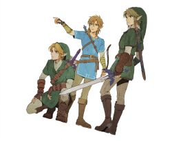 Rule 34 | 1boy, belt, blonde hair, blue eyes, blue tunic, boots, bow, bow (weapon), brown belt, brown footwear, brown gloves, chest belt, closed mouth, dutch angle, earrings, fingerless gloves, gloves, green tunic, highres, holding, holding bow (weapon), holding sword, holding weapon, jewelry, knee boots, layered sleeves, link, long hair, long sleeves, male focus, master sword, nintendo, outstretched arm, parted lips, pointing, pointy ears, purple eyes, short over long sleeves, short sleeves, simple background, sophie (693432), standing, sword, the legend of zelda, the legend of zelda: breath of the wild, the legend of zelda: ocarina of time, the legend of zelda: twilight princess, unsheathed, weapon, white background