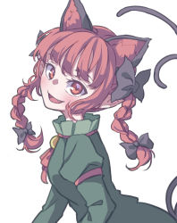 Rule 34 | 1girl, absurdres, animal ear fluff, animal ears, black bow, bow, braid, cat ears, cat tail, dress, extra ears, eyebrows hidden by hair, fang, from side, green dress, hair bow, highres, juliet sleeves, kaenbyou rin, kame (kamepan44231), long hair, long sleeves, looking at viewer, multiple tails, one-hour drawing challenge, open mouth, pointy ears, puffy sleeves, red eyes, red hair, side braids, simple background, smile, solo, tail, touhou, twin braids, two tails, upper body, white background
