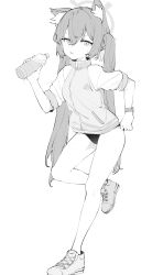 Rule 34 | 1girl, absurdres, animal ear fluff, animal ears, bare legs, blue archive, bottle, buruma, full body, greyscale, gym uniform, hair between eyes, hair ribbon, highres, holding, holding bottle, long hair, looking at viewer, lpleader, monochrome, parted lips, ribbon, serika (blue archive), shoes, short sleeves, simple background, solo, standing, standing on one leg, twintails, very long hair, white background