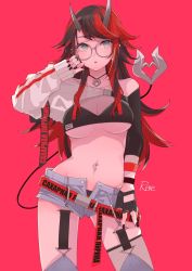 Rule 34 | 1girl, arm up, asymmetrical clothes, belt, black hair, black nails, black panties, breasts, choker, cleavage, contrapposto, cowboy shot, crop top, demon girl, demon horns, demon tail, garter straps, glasses, goten (510gensoku), grey eyes, grey shorts, grey thighhighs, highres, horns, long hair, long sleeves, looking at viewer, loose belt, medium breasts, micro shorts, midriff, multicolored hair, nail polish, nanashi inc., navel, navel piercing, official alternate costume, open fly, panties, parted lips, piercing, pointy ears, red background, red hair, round eyewear, ryugasaki rene, ryugasaki rene (2nd costume), short shorts, shorts, simple background, solo, standing, stomach, sugar lyric, tail, thighhighs, thighs, two-tone hair, underboob, underwear, virtual youtuber