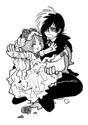 Rule 34 | 1boy, 1girl, ^ ^, absurdres, black jack (character), black jack (series), blush stickers, bow, bowtie, bridal veil, carrying, closed eyes, closed mouth, coat, commentary request, dress, elbow gloves, flower, full body, gloves, greyscale, hair over one eye, half-closed eyes, high heels, highres, jihecchi, korean commentary, long bangs, long sleeves, monochrome, multicolored hair, neck ribbon, one eye covered, open mouth, outstretched arms, pants, pinoko, princess carry, ribbon, rose, shoes, short hair, simple background, sitting, smile, spread arms, stitched face, stitches, two-tone hair, veil, wedding dress