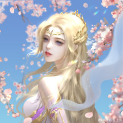 Rule 34 | 1girl, absurdres, back, bare shoulders, blonde hair, blue eyes, blue sky, branch, cherry blossoms, douluo dalu, dress, falling petals, forehead protector, hair ornament, highres, long hair, luo yu de shui, petals, qian renxue (douluo dalu), second-party source, sky, solo, sparkle, upper body, white dress