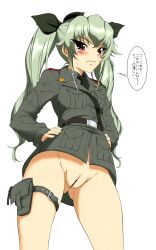 Rule 34 | 1girl, anchovy (girls und panzer), anzio military uniform, artist request, belt, biting own lip, blush, bottomless, censored, cleft of venus, dress shirt, drill hair, embarrassed, from below, girls und panzer, hands on own hips, highres, holster, jacket, long hair, long sleeves, looking down, military, military uniform, necktie, no panties, non-web source, pussy, ribbon, sam browne belt, shirt, solo, source request, standing, sweatdrop, tears, thigh strap, twin drills, twintails, uniform