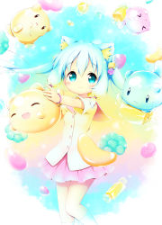 Rule 34 | &gt; &lt;, 1girl, :d, ^ ^, aikei ake, animal, animal ear fluff, animal ears, bell, blue eyes, blue hair, blush, bread, candy, cat, cat ears, closed eyes, closed mouth, commentary request, cube hair ornament, food, hair between eyes, hair ornament, highres, holding, holding animal, jingle bell, kneehighs, long hair, open mouth, original, outstretched arms, parted lips, pink sailor collar, pink skirt, pleated skirt, sailor collar, shirt, short sleeves, sidelocks, skirt, smile, socks, solo, twintails, white socks, yellow shirt