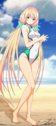 Rule 34 | 1girl, angela balzac, bad id, beach, benjoerres, blonde hair, blurry, blurry background, breasts, cloud, competition swimsuit, covered navel, day, floating hair, full body, green eyes, groin, hair ornament, highleg, highleg swimsuit, highres, long hair, looking at viewer, medium breasts, one-piece swimsuit, outdoors, own hands together, rakuen tsuihou, signature, smile, solo, standing, star (symbol), star hair ornament, sunlight, swimsuit, twintails, very long hair, white one-piece swimsuit