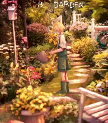 Rule 34 | 1boy, absurdres, basil (faraway) (omori), basil (omori), birdhouse, blonde hair, boots, chromatic aberration, collared shirt, day, elisacielo3, flower, from side, garden, green footwear, green shorts, green sweater vest, hair flower, hair ornament, highres, holding, holding watering can, hose, looking away, omori, outdoors, rubber boots, scenery, shirt, short hair, shorts, solo, standing, sweater vest, watering, watering can, white shirt