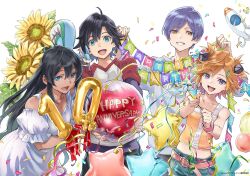 2boys 2girls :d ahoge anniversary arashi_teppei balloon black_hair blue_eyes blue_hair captain_earth celebration confetti copyright_name dark-skinned_female dark_skin dress flower green_eyes green_shorts holding holding_balloon long_hair manatsu_daichi minato_fumi multiple_boys multiple_girls mutou_hana number_balloon official_art open_mouth orange_eyes orange_hair parted_lips party_popper pitz promotional_art purple_eyes raglan_sleeves short_hair short_shorts short_sleeves shorts smile squirrel star_balloon sundress sunflower title white_background white_dress yomatsuri_akari