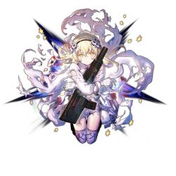 Rule 34 | 1girl, aged down, black hairband, blonde hair, bow, bowtie, bullpup, cape, dress, dress bow, explosion, flower, flower request, girls&#039; frontline, gloves, gun, hair between eyes, hair flower, hair ornament, hairband, heiwari kanade, hexagram, holding, holding gun, holding weapon, iwi x95, light frown, long hair, long sleeves, looking at viewer, official alternate costume, official art, panties, parted lips, petals, purple bow, simple background, solo, star of david, suppressor, thighhighs, torn cape, torn clothes, torn dress, transparent background, underwear, weapon, white bow, white bowtie, white cape, white dress, white flower, white gloves, white panties, white thighhighs, x95 (girls&#039; frontline), x95 (white rose girl) (girls&#039; frontline), x arms, yellow eyes