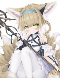 Rule 34 | 1girl, animal ears, arknights, black gloves, blush, braid, braided hair rings, breasts, closed mouth, commentary, earpiece, fox ears, fox tail, gloves, green eyes, hair rings, hairband, highres, holding, holding staff, infection monitor (arknights), konagi (konotuki), light brown hair, looking at viewer, material growth, medium hair, multicolored hair, multiple tails, name tag, o-ring, oripathy lesion (arknights), pantyhose, simple background, single glove, sitting, small breasts, smile, solo, staff, suzuran (arknights), tail, two-tone hair, white background, white hair, white pantyhose, wrist cuffs