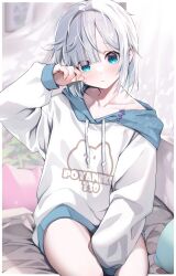 Rule 34 | 1girl, aqua eyes, bare legs, bed, casual, closed mouth, collarbone, curtains, hair intakes, highres, hood, hoodie, kaga sumire, looking at viewer, ruo19, short hair, sitting, solo, stuffed toy, virtual youtuber, vspo!, white hair