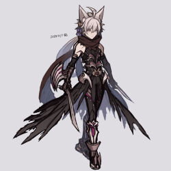 Rule 34 | 1boy, ahoge, animal ears, arm blade, armored boots, bell, black cape, black gloves, black pants, black shirt, boots, bow, brown scarf, cape, closed mouth, commentary request, dagger, dated, elbow gloves, expressionless, fox ears, full body, gauntlets, gloves, grey background, guillotine cross (ragnarok online), hair bell, hair between eyes, hair bow, hair ornament, holding, holding dagger, holding knife, holding weapon, jingle bell, knife, kusabi (aighe), long bangs, long hair, looking at viewer, low ponytail, male focus, official alternate costume, pants, pink eyes, purple bow, ragnarok online, scarf, shirt, simple background, sleeveless, sleeveless shirt, solo, torn cape, torn clothes, waist cape, walking, weapon, white hair
