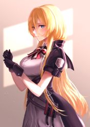 Rule 34 | 1girl, arms up, azur lane, banned artist, bismarck (azur lane), bismarck (iron black elysium) (azur lane), black dress, black gloves, blonde hair, blue eyes, blush, bow, bowtie, breasts, commentary, dress, from side, gloves, grey shirt, hair between eyes, highres, imperial german flag, large breasts, long hair, looking at viewer, neconel, official alternate costume, open mouth, revision, shirt, short sleeves, simple background, solo, standing, teeth, very long hair