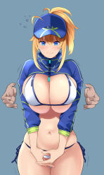 Rule 34 | 1girl, ahoge, artoria pendragon (fate), baseball cap, bikini, blonde hair, blue eyes, blue headwear, blue jacket, blush, breasts, cleavage, cropped jacket, disembodied limb, fate/grand order, fate (series), hair between eyes, hair through headwear, hat, jacket, large breasts, long hair, long sleeves, looking at viewer, mysterious heroine x (fate), mysterious heroine xx (fate), navel, ponytail, shrug (clothing), sidelocks, smile, soba (saz), solo focus, swimsuit, thighs, white bikini, wristband