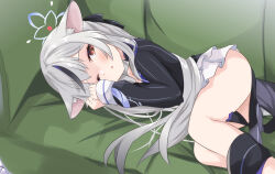 Rule 34 | 1girl, absurdres, animal ears, blue archive, blush, brown eyes, commentary request, couch, grey hair, halo, highres, jacket, kokona (blue archive), looking at viewer, numahata tofu., one eye closed, open mouth, solo, thighs, waking up