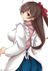 Rule 34 | 1girl, ahoge, apron, breasts, brown hair, character name, dated, hair ornament, hair ribbon, hairclip, highres, kantai collection, kappougi, large breasts, long hair, looking at viewer, looking back, mamiya (kancolle), pink shirt, ponytail, purple eyes, red ribbon, ribbon, shirt, simple background, solo, timato, twitter username, white background