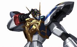 Rule 34 | 3ok, glowing, glowing eyes, highres, looking at viewer, looking down, mecha, might gaine, no humans, pointing, robot, science fiction, solo, super robot, yellow eyes, yuusha series, yuusha tokkyuu might gaine