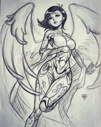 Rule 34 | 1girl, android, angel wings, breasts, clenched hand, commentary, english commentary, floating clothes, floating hair, flying, alita, graphite (medium), battle angel alita, highres, leadapprentice, looking at viewer, looking down, medium breasts, open hand, short hair, sketch, smile, solo, traditional media, wings