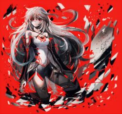 Rule 34 | 1girl, aoki (fumomo), arm warmers, bad id, bad pixiv id, full body, grey hair, long hair, milla (fractured), monochrome, red background, red eyes, solo, tales of (series), tales of xillia, tales of xillia 2, thighhighs