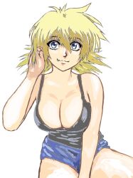 Rule 34 | 1girl, :3, bare arms, bare shoulders, blonde hair, blue eyes, blue shorts, breasts, cleavage, closed mouth, fang, fang out, grey tank top, hair between eyes, hand in own hair, hand up, hellsing, medium breasts, mizumori keiichi, seras victoria, short hair, short shorts, shorts, simple background, sitting, smile, solo, split mouth, tank top, white background