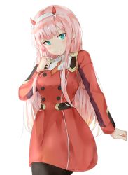 Rule 34 | 10s, 1girl, belt, black pantyhose, candy, cowboy shot, darling in the franxx, dress, food, green eyes, hairband, highres, horns, lollipop, long hair, long sleeves, looking at viewer, military, military uniform, pantyhose, pink hair, red dress, simple background, smile, solo, tosaka teru, uniform, very long hair, white background, zero two (darling in the franxx)