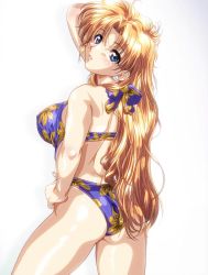 Rule 34 | 1girl, arm up, ass, bikini, blonde hair, blue eyes, cowboy shot, earrings, floral print, hand on own head, hand on own hip, head tilt, jewelry, long hair, looking at viewer, lovers (game), official art, parted lips, shell, shell earrings, shiny skin, simple background, solo, swimsuit, toe gojuu, white background, yamamoto noriko
