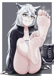 Rule 34 | 1girl, animal ears, arknights, barefoot, boots, unworn boots, breasts, cleavage, feet, feet up, grin, highres, jacket, lappland (arknights), long hair, medium breasts, panties, pantyshot, shoes, unworn shoes, smile, soles, solo, steam, toes, underwear, white hair