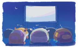 Rule 34 | animal focus, choco (pui pui molcar), commentary, crescent moon, excited, from behind, guinea pig, molcar, moon, motimamire, night, no humans, potato (pui pui molcar), projector screen, pui pui molcar, shiromo (pui pui molcar), sleeping, sparkle, zzz