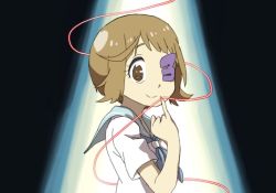 Rule 34 | 10s, 1girl, bad end, brown eyes, brown hair, emuchi, eyepatch, harime nui, kill la kill, looking at viewer, mankanshoku mako, pinky out, smile, solo, spoilers, string, string of fate