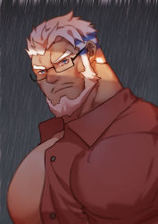 Rule 34 | 1boy, absurdres, aegir (housamo), aqua hair, bara, beard, black-framed eyewear, blue eyes, buttons, collared shirt, commentary request, dark-skinned male, dark skin, facial hair, from side, frown, glasses, guoguo, highres, large pectorals, looking at viewer, male focus, mature male, multicolored hair, muscular, muscular male, open clothes, open shirt, pectorals, rain, red shirt, shirt, short hair, sideburns, sidepec, solo, streaked hair, tearing up, tokyo houkago summoners, upper body, white hair