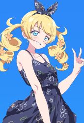 Rule 34 | 1girl, bare arms, bare shoulders, blonde hair, blue background, blue bow, blue dress, blue eyes, blue hairband, bow, breasts, commentary request, cowboy shot, dolldolldd, dress, drill hair, flower, grin, hair flower, hair ornament, hairband, hand up, highres, kiratto pri chan, korean commentary, long hair, looking at viewer, moegi emo, open mouth, orange flower, pretty series, simple background, sleeveless, sleeveless dress, small breasts, smile, solo, standing, twin drills, twintails, v