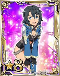 Rule 34 | 10s, 1girl, black gloves, black hair, blue eyes, breasts, card (medium), cleavage, fingerless gloves, gloves, hair between eyes, hands on lap, leaning forward, looking at viewer, medium breasts, open mouth, philia (sao), philia (sao-alo), short hair, solo, star (symbol), sword art online