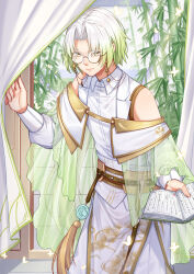 Rule 34 | 1boy, ang (6107939), bamboo, bamboo forest, bare shoulders, belt, book, brown belt, bug, butterfly, cabbage blossom (the tale of food), cape, closed mouth, collared shirt, cowboy shot, curtain grab, curtained hair, curtains, detached sleeves, eyewear strap, forest, glasses, gradient hair, green cape, green hair, highres, holding, holding book, indoors, insect, long sleeves, looking at viewer, male focus, multicolored hair, nature, off shoulder, open book, parted bangs, robe, round eyewear, see-through, see-through cape, shirt, short hair, sleeveless, sleeveless shirt, smile, solo, star (symbol), tassel, the tale of food, two-tone hair, white hair, white robe, white shirt, window, yaopei, yellow-framed eyewear, yellow eyes