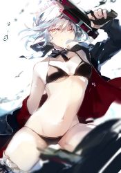 Rule 34 | 1girl, artoria pendragon (all), artoria pendragon (alter swimsuit rider) (fate), artoria pendragon (alter swimsuit rider) (second ascension) (fate), artoria pendragon (fate), bikini, black bikini, blurry, breasts, closed mouth, depth of field, fate/grand order, fate (series), finger on trigger, fukuda935, gun, handgun, holding, holding gun, holding weapon, hood, hoodie, maid, maid bikini, maid headdress, navel, one eye closed, open clothes, open hoodie, pistol, saber alter, silver hair, small breasts, solo, swimsuit, thighs, unconventional maid, water drop, weapon, yellow eyes