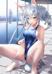 Rule 34 | 1girl, animal ears, bare shoulders, blue eyes, blue one-piece swimsuit, blush, breasts, collarbone, competition swimsuit, covered navel, fang, fox ears, fox girl, fox tail, girls&#039; frontline, hair ornament, hairclip, highleg, highleg swimsuit, highres, leaning back, looking at viewer, medium breasts, medium hair, one-piece swimsuit, open mouth, pa-15 (girls&#039; frontline), poolside, shirosaba, sidelocks, silver hair, skin fang, smile, solo, swimsuit, tail, thighhighs, twintails, wet, white thighhighs, window