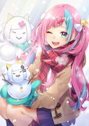 Rule 34 | 1girl, ;d, absurdres, alternate costume, blue eyes, blue hair, blue skirt, blush, bow, breath, brown jacket, coat, commentary request, hair bow, hair ornament, highres, holding, jacket, kaguya luna, kitazume kumie, long hair, long sleeves, looking at viewer, mittens, multicolored hair, one eye closed, open mouth, outdoors, pink hair, pinky pop hepburn, plaid, plaid scarf, pleated skirt, red scarf, scarf, sitting, skirt, smile, snowing, snowman, solo, teeth, the moon studio, upper teeth only, very long hair, virtual youtuber, winter clothes, x hair ornament